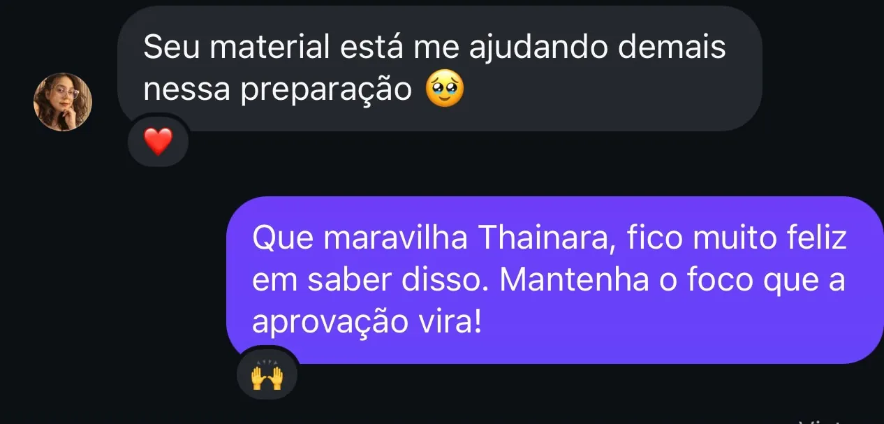 Aluno dizendo que o material está ajudando muito na preparação